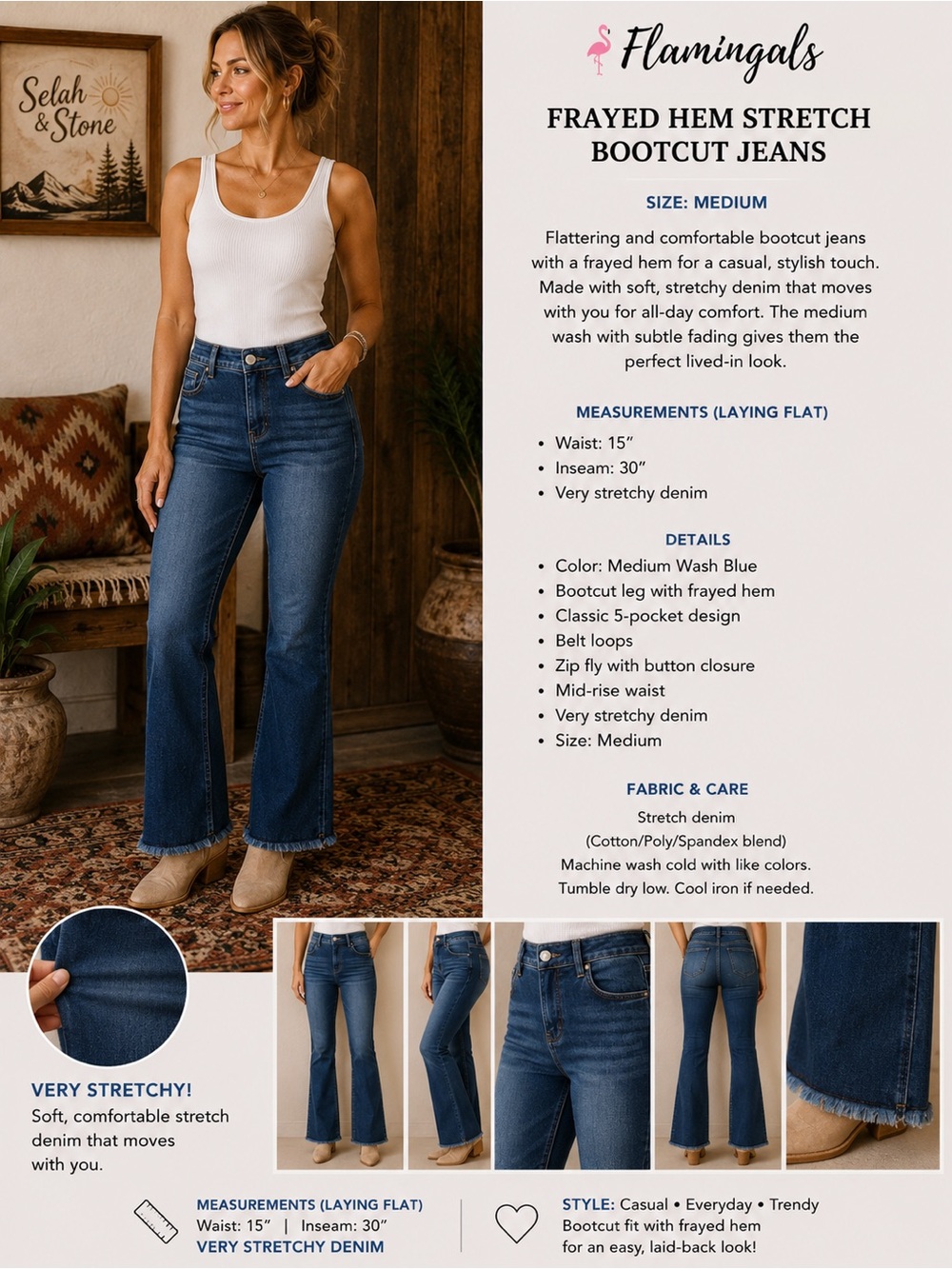 Flamingals Medium Wash Blue Frayed Hem Stretch Bootcut Jeans